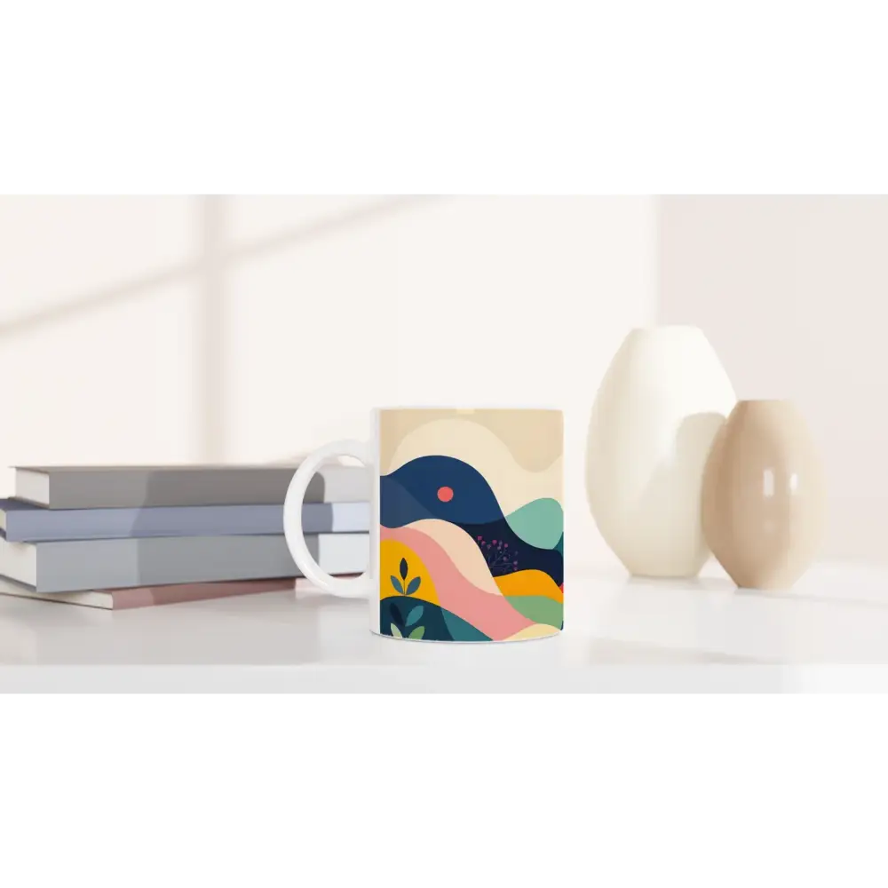 Decorated ceramic mug featuring abstract nature landscape design on PixiOnyx Dreamscape Sip