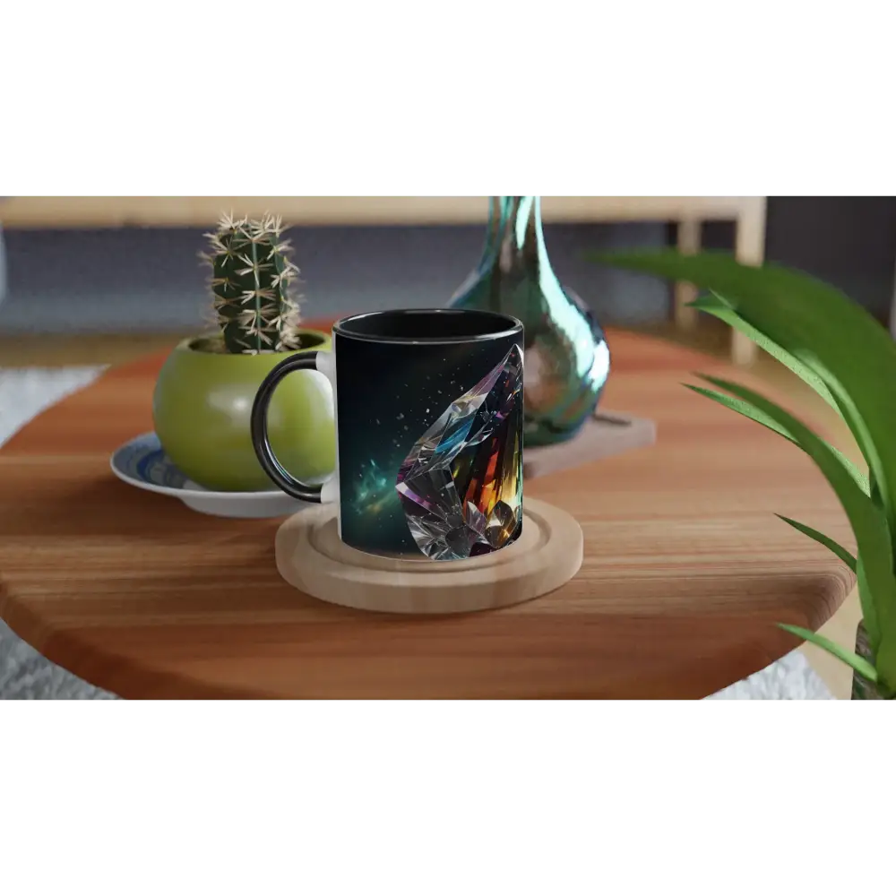 Black ceramic mug with colorful crystal design from PixiOnyx Morning Light collection
