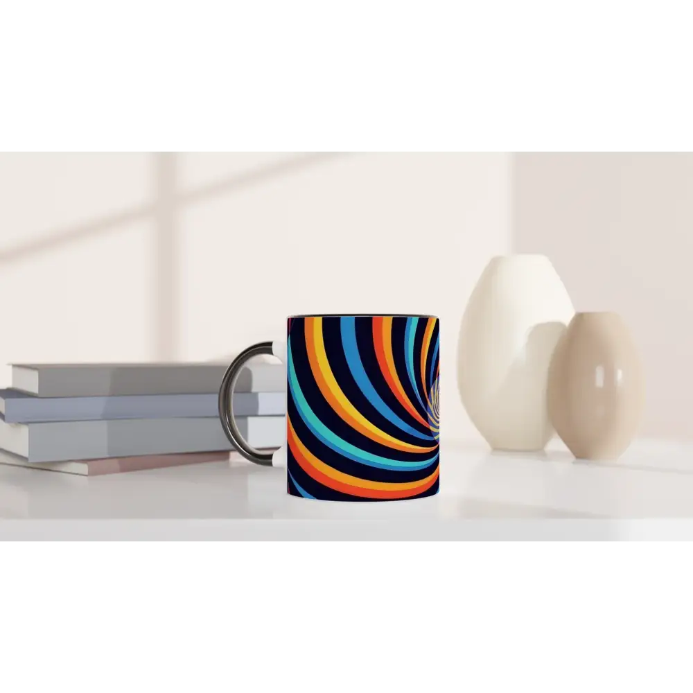 Colorful swirling ceramic mug with vibrant spirograph swirl design displayed in PixiOnyx Color Pop product