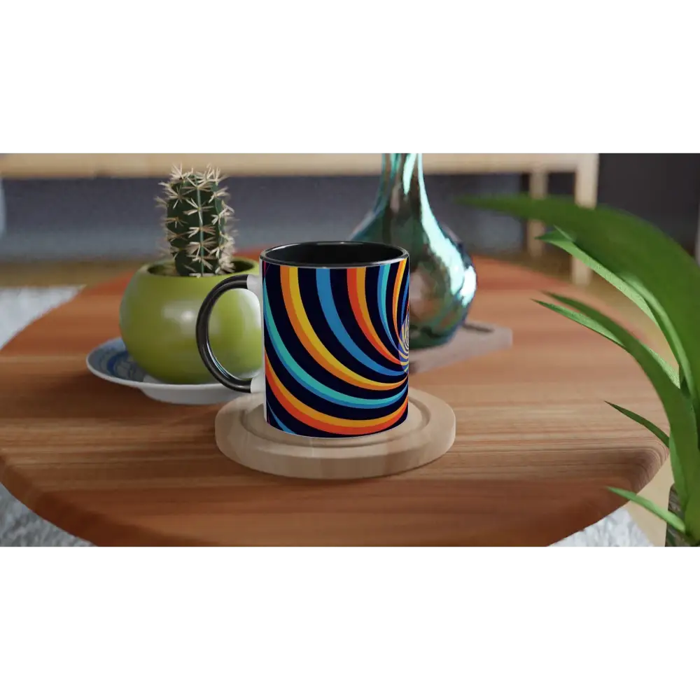 Colorful striped ceramic mug with Spirograph swirl design from PixiOnyx Color Pop collection