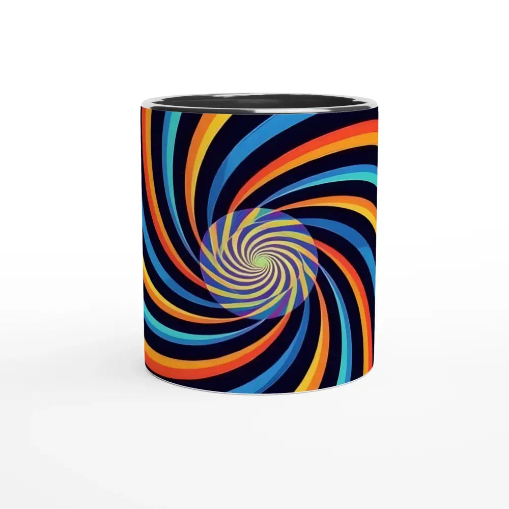 Swirling psychedelic ceramic mug with colorful spirograph swirl design