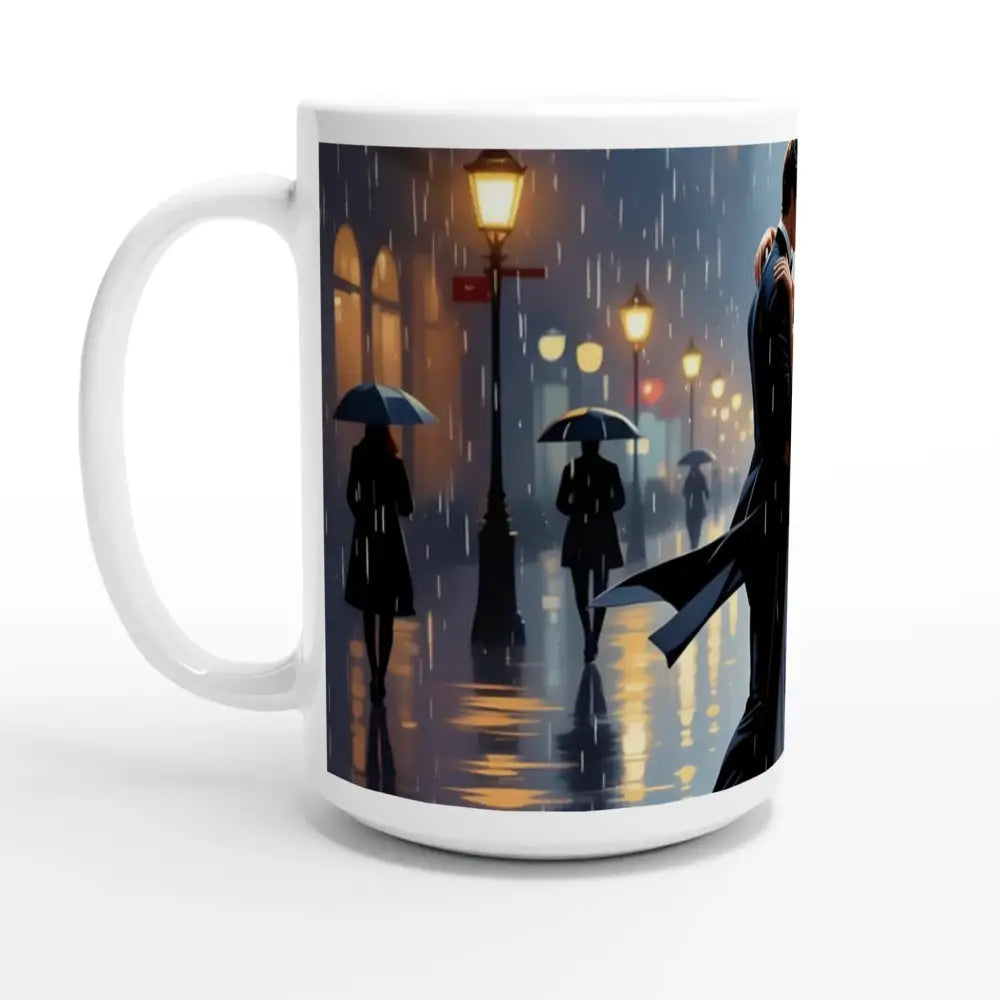 White ceramic mug with rainy street scene from PixiOnyx Rainy Romance collection