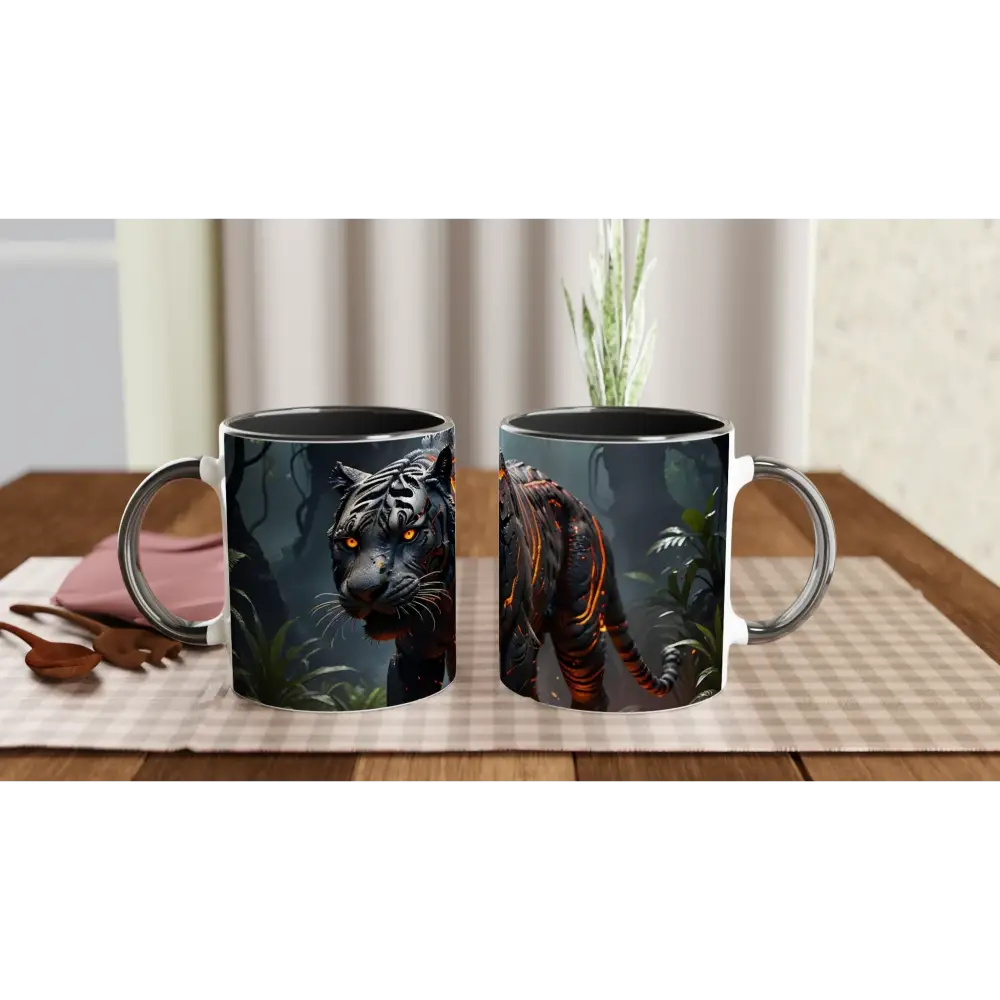 Tiger-themed ceramic mugs with colorful inside showcasing Molten Majesty PixiOnyx Junglefire Sipware