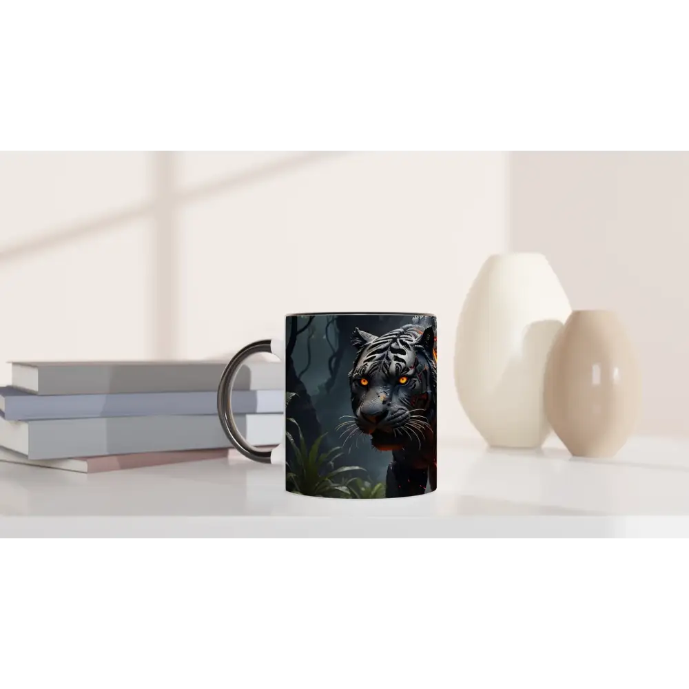 Black tiger mug from PixiOnyx Junglefire Sipware with colorful inside design