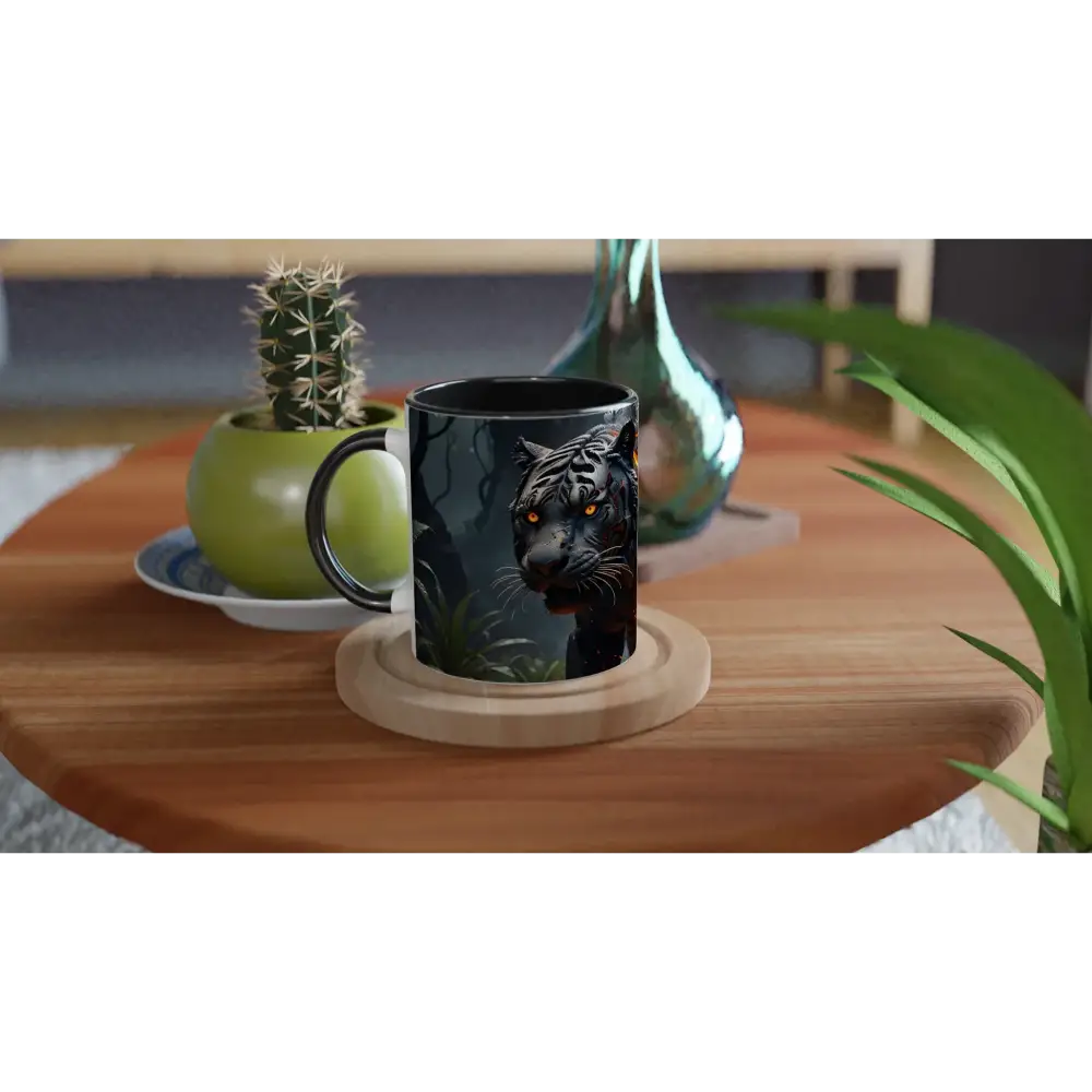 Black ceramic mug with tiger design and colorful inside from PixiOnyx Junglefire Sipware