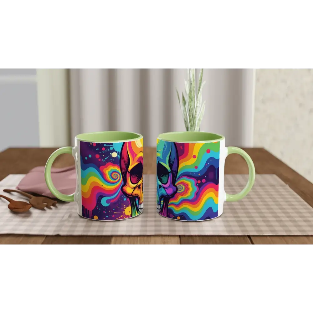 Colorful skull ceramic mugs with neon psychedelic design for vibrant morning vibes