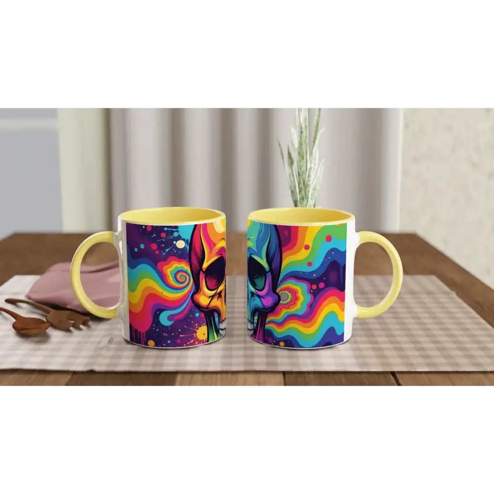 Colorful Skull Mugs in Neon Psychedelic Design for Vibrant Morning Vibes