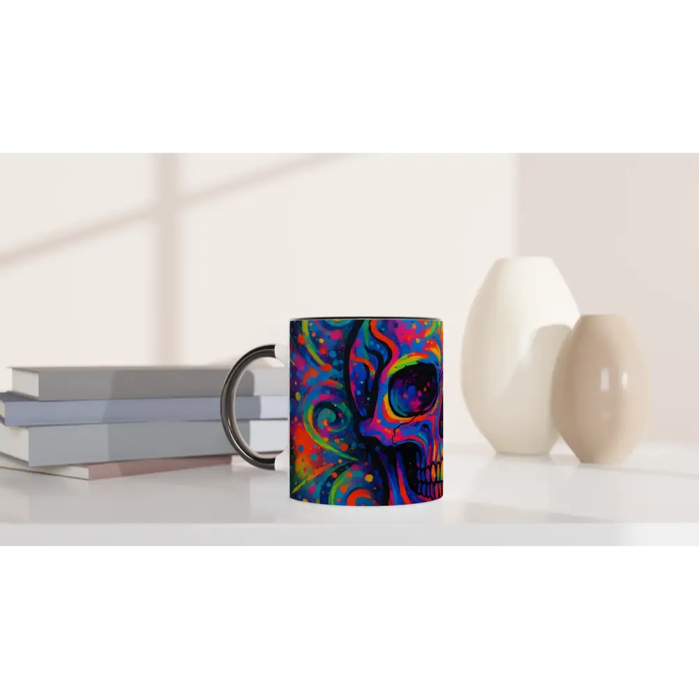 Colorful skull mug with psychedelic eruption design from PixiOnyx Cosmic Brew