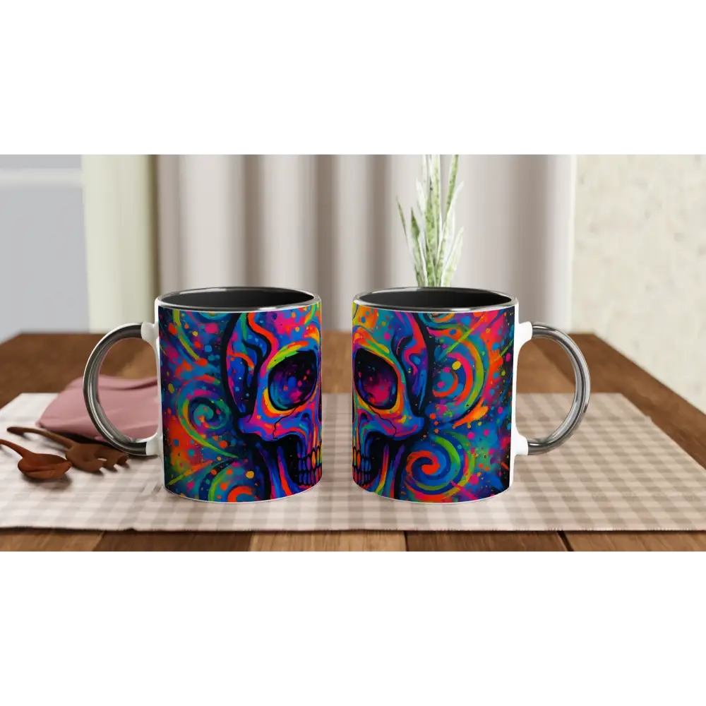 Ceramic Skull Mug with psychedelic eruption design and colorful interior, 11oz PixiOnyx Cosmic Brew