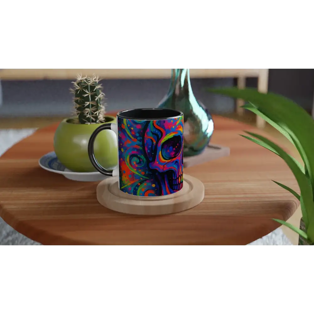 Colorful skull mug with psychedelic eruption design for Cosmic Brew by PixiOnyx