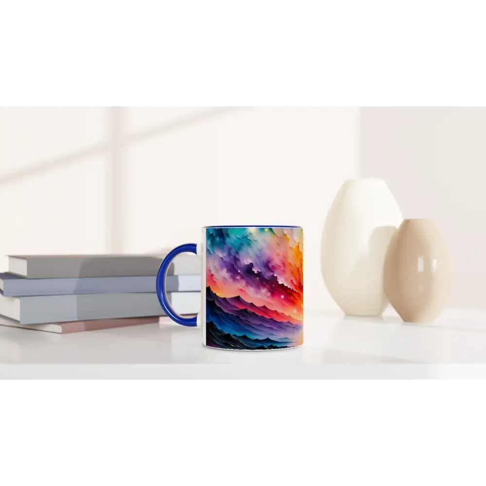 Ceramic mug with colorful abstract design and blue handle from PixiOnyx Surreal Sipware Radiant Horizon