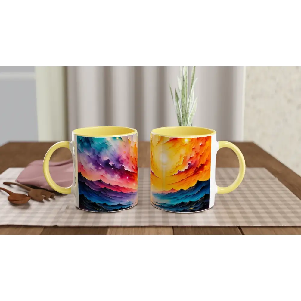 Ceramic mug with colorful abstract designs from PixiOnyx Surreal Sipware Radiant Horizon collection