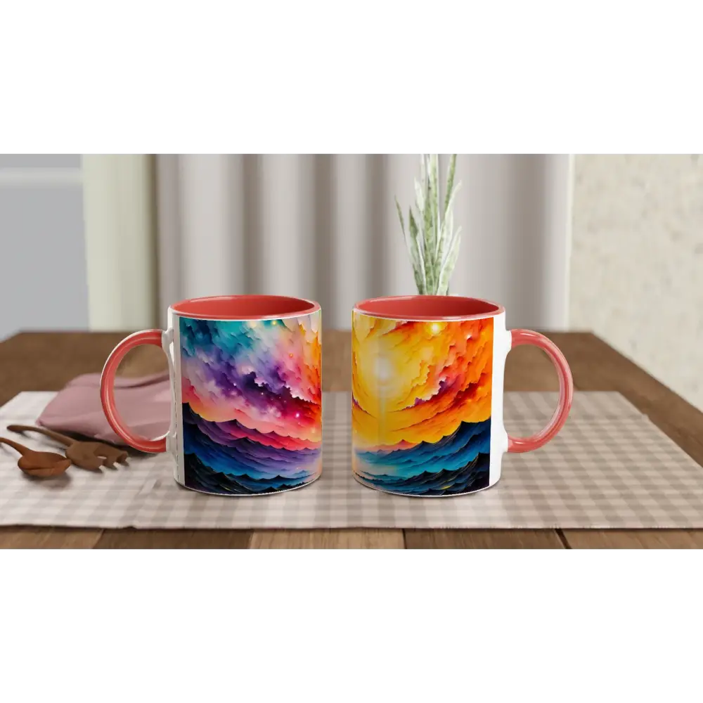 Ceramic mug with colorful abstract designs and coral-red handles from Radiant Horizon by PixiOnyx Surreal Sipware