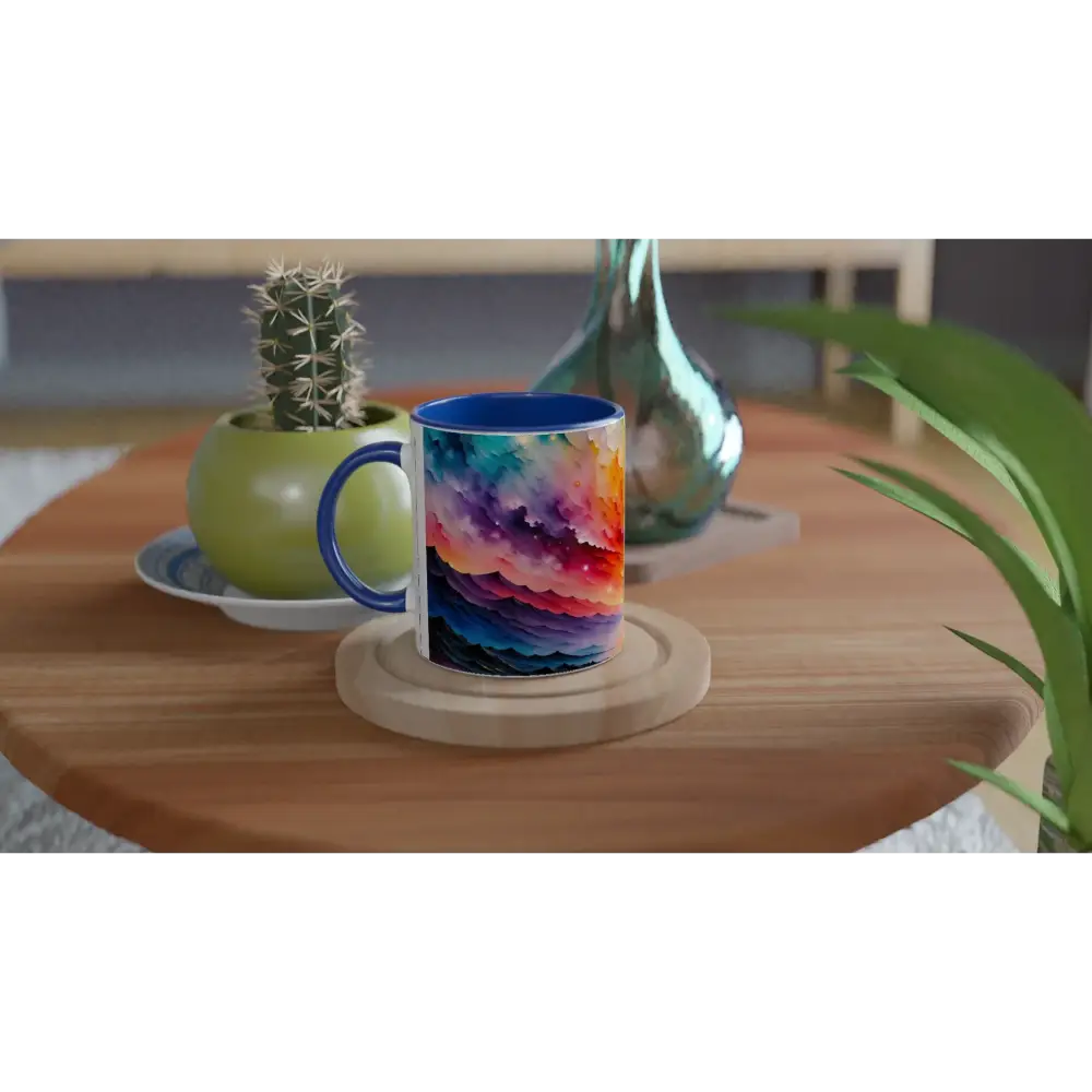 Radiant Horizon ceramic mug with blue handle and colorful swirling abstract design