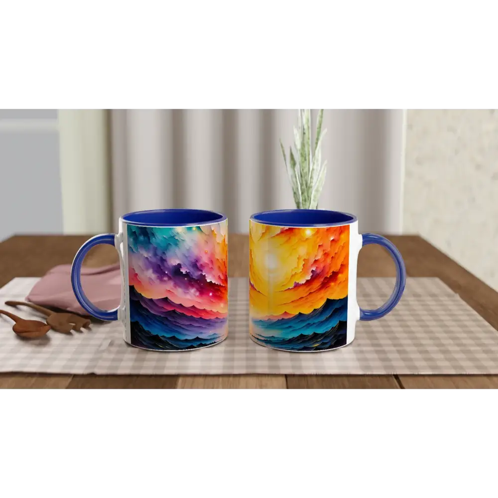 Ceramic mug with colorful abstract cloud design from PixiOnyx Surreal Sipware Radiant Horizon