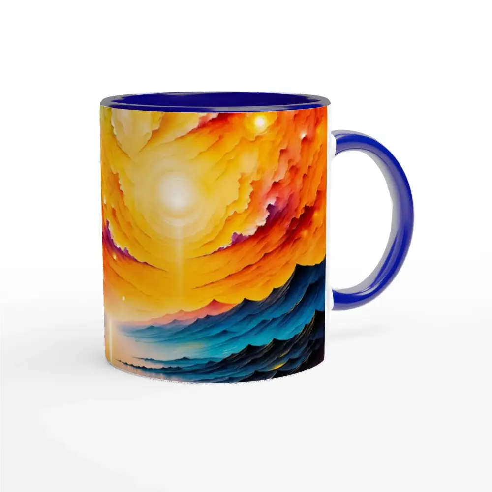 Ceramic mug with vibrant abstract landscape design and dark blue rim from PixiOnyx Surreal Sipware’s Radiant Horizon collection