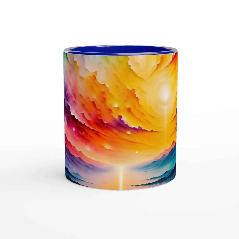 Ceramic mug with vibrant abstract cosmic design and blue rim from PixiOnyx Surreal Sipware
