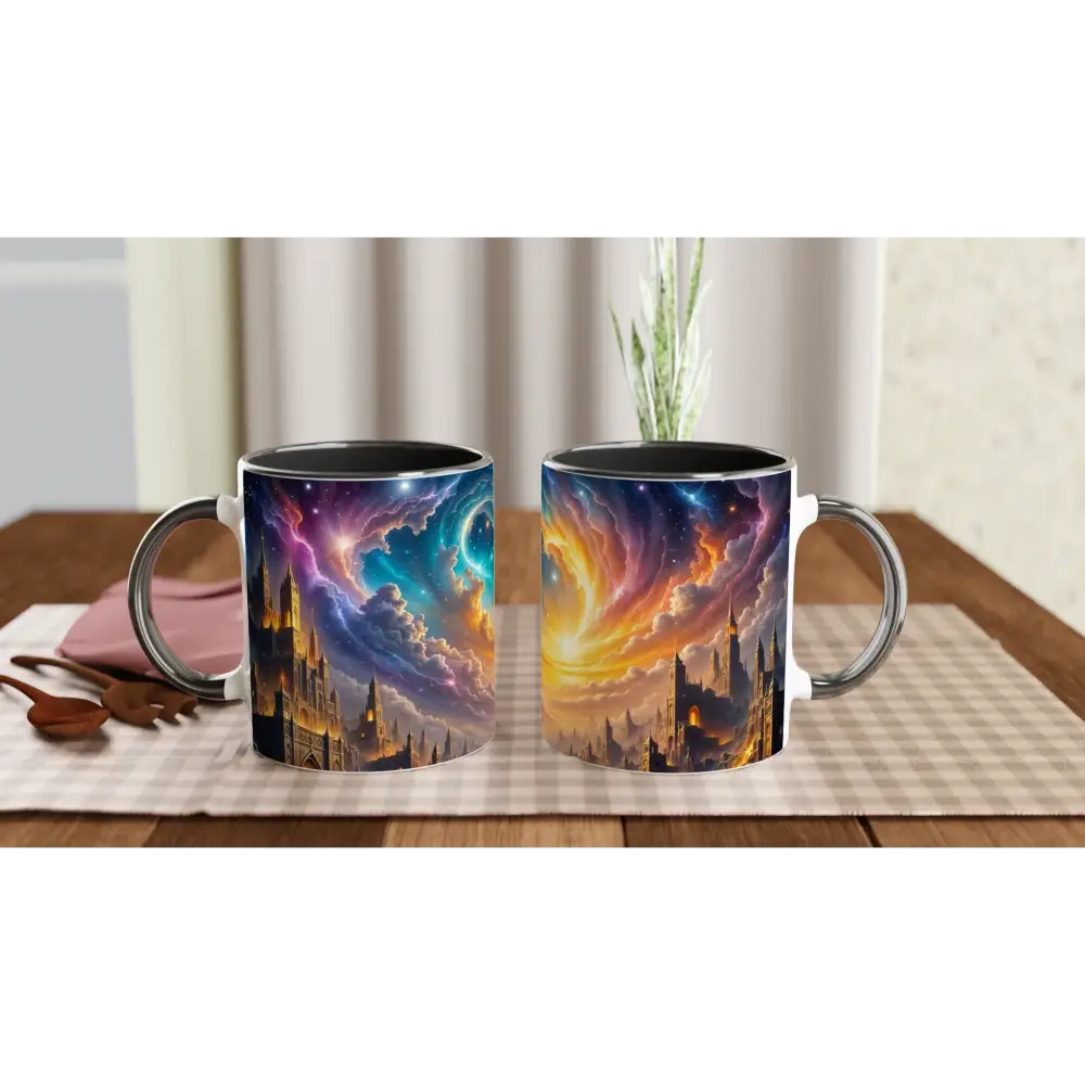 Ceramic mug with celestial castle print from PixiOnyx Cosmic Sipware featuring eclipsed citadel design