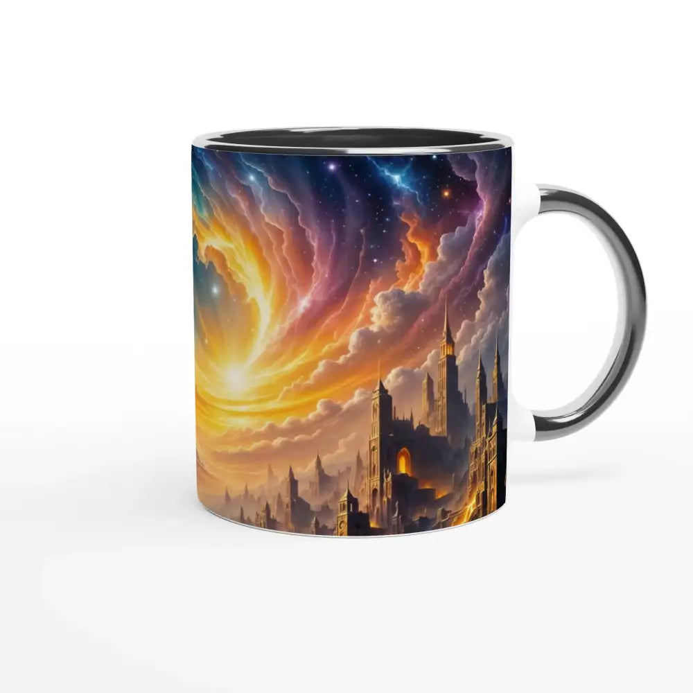 Ceramic mug with eclipsed citadel design and colorful cityscape under swirling sky