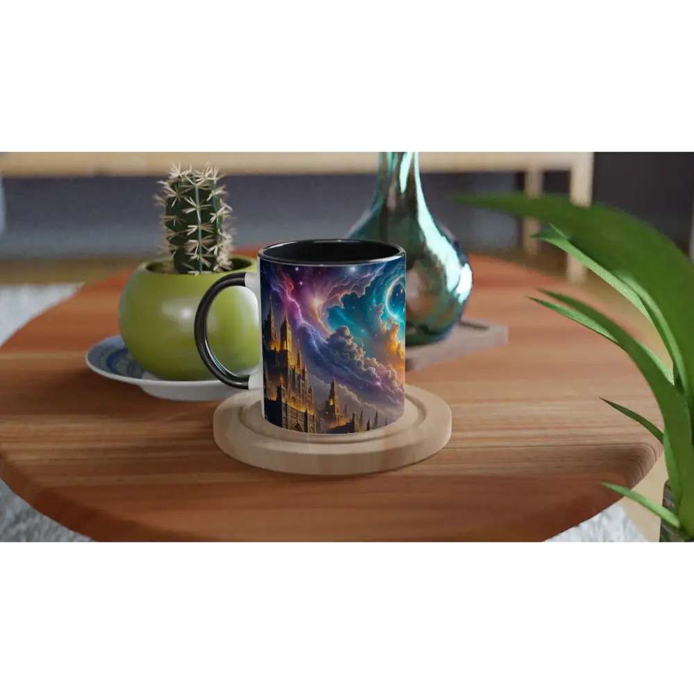 Black ceramic mug with vibrant eclipsed citadel celestial scene from PixiOnyx Cosmic Sipware