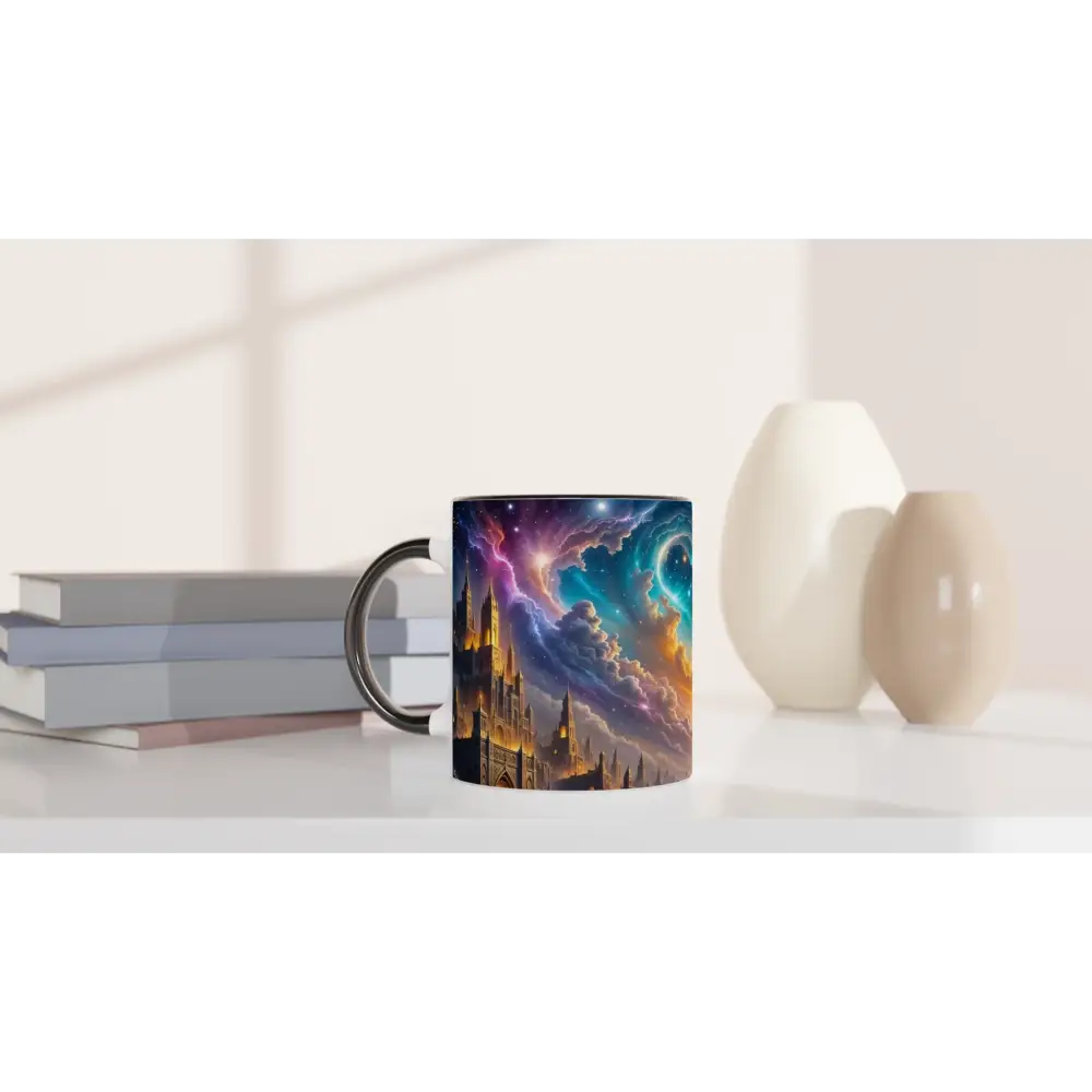 Ceramic mug with colorful eclipsed citadel design from PixiOnyx Cosmic Sipware