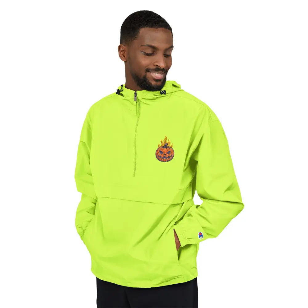 Men’s neon green Champion Packable Anorak Jacket with flaming pumpkin graphic for Halloween