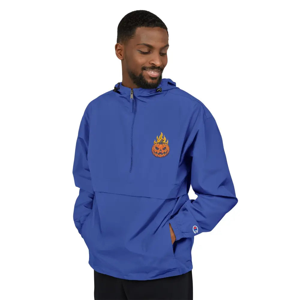 Men’s royal blue Champion Packable Anorak with flaming pumpkin graphic front view