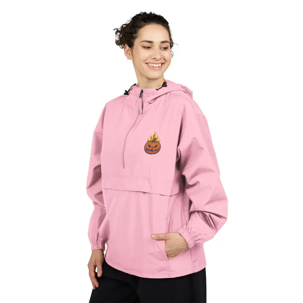 Pink hooded Champion Packable Anorak Jacket with flaming pumpkin graphic for Halloween style