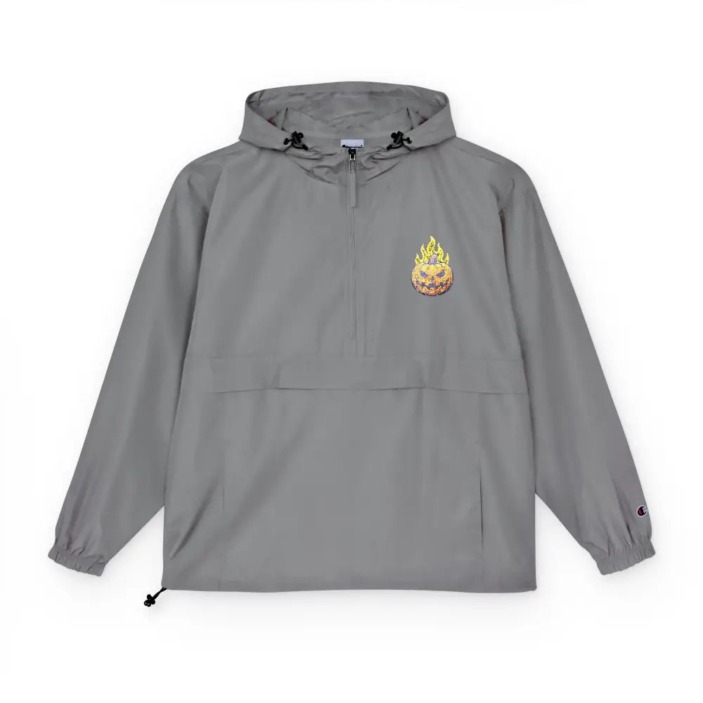 Grey Champion Packable Anorak Jacket with flaming pumpkin embroidery and hooded half-zip design