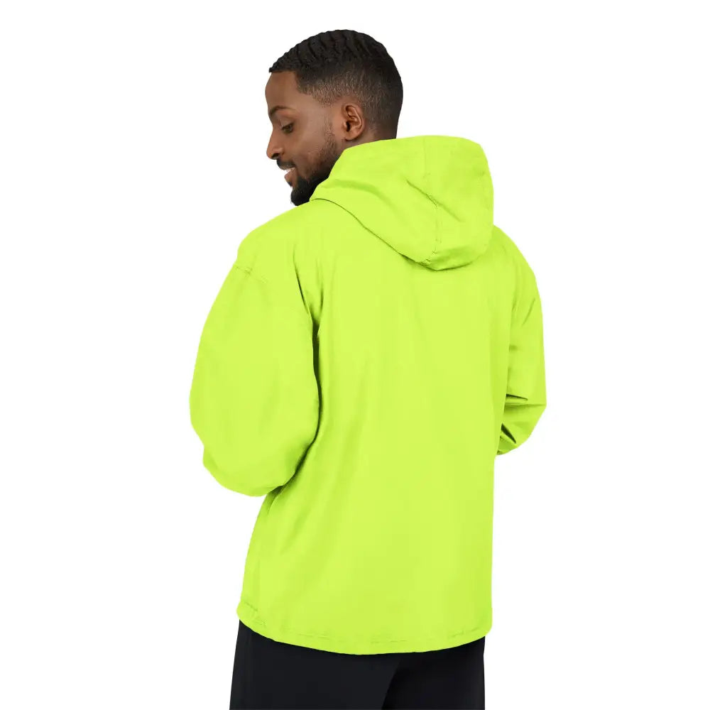 Men’s neon green champion packable anorak jacket with flaming pumpkin design for streetwear