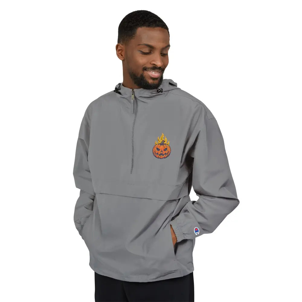 Grey Champion Packable Anorak jacket with flaming pumpkin graphic for Halloween streetwear