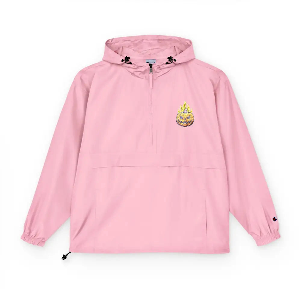 Pink Champion Packable Anorak Jacket with hood and flaming pumpkin emblem for streetwear