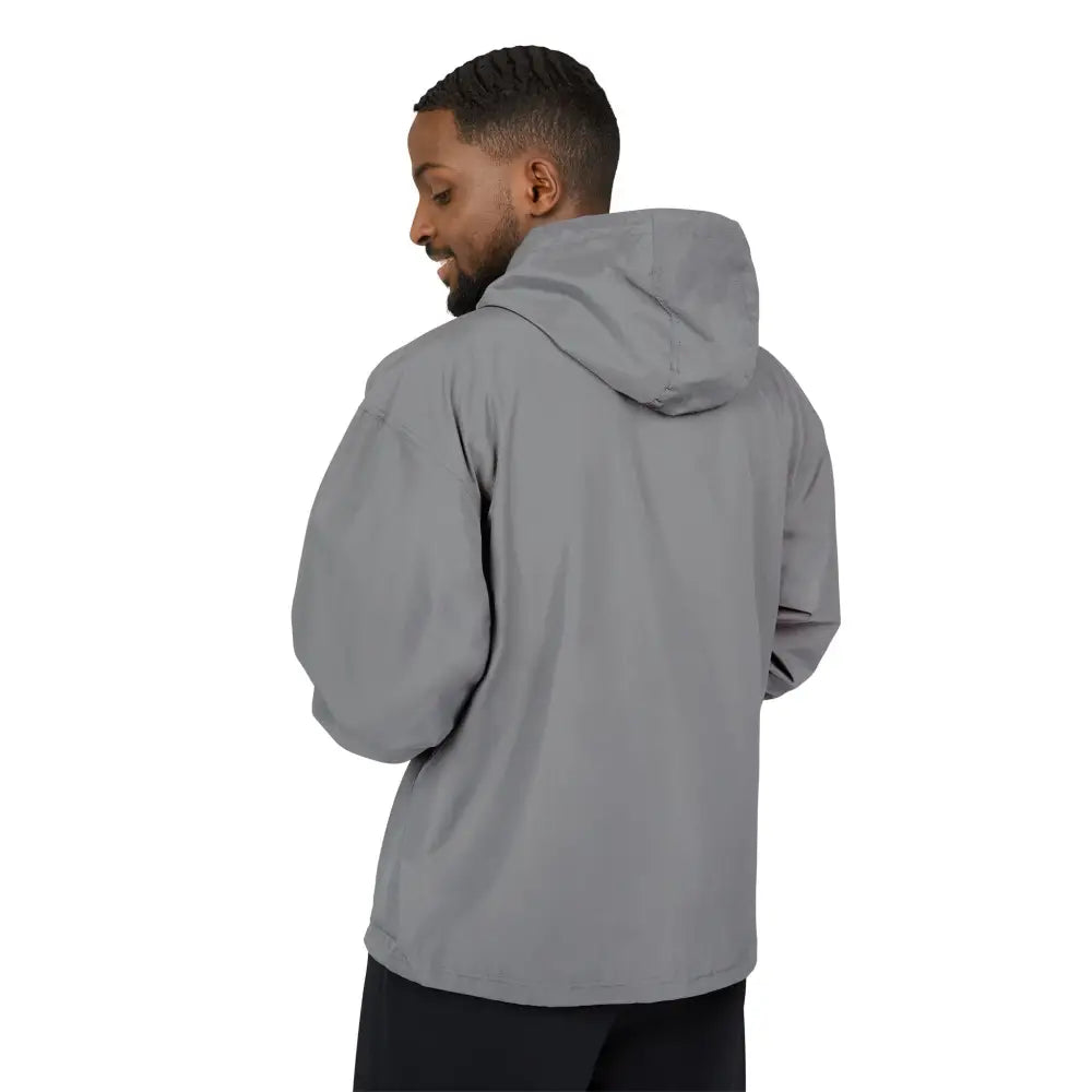 Men’s grey Champion Packable Anorak Jacket with flaming pumpkin design for streetwear style