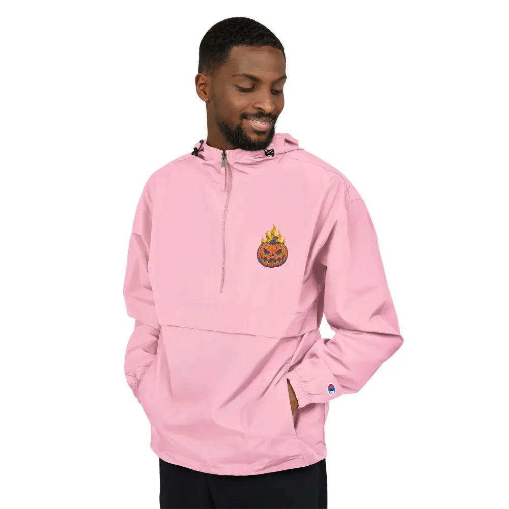 Men’s pink champion packable anorak jacket with flaming pumpkin Halloween windbreaker design