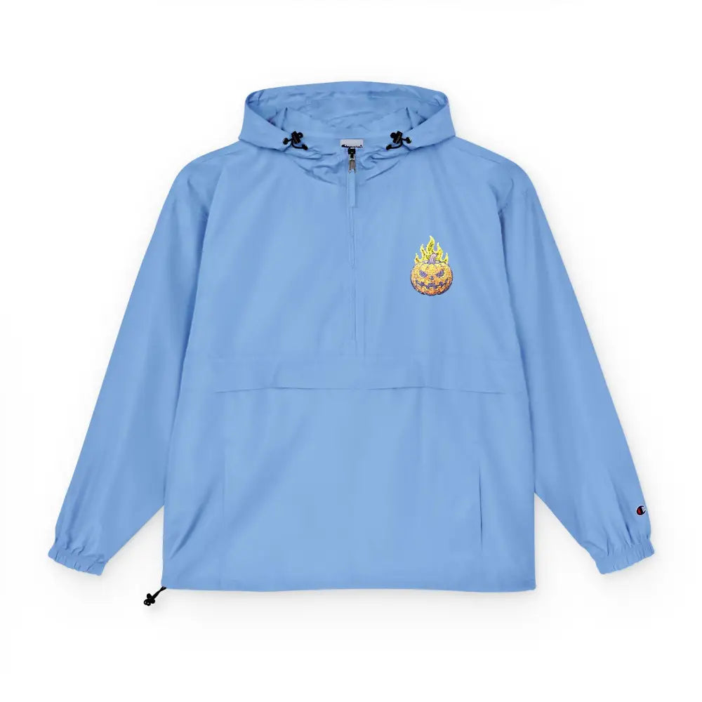 Light blue champion packable anorak jacket with flaming pumpkin skull graphic for streetwear