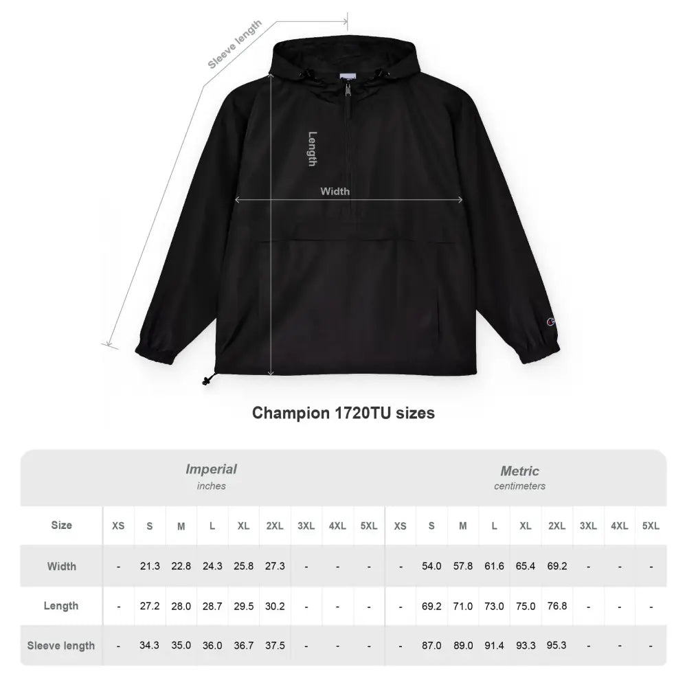 Black hooded champion packable anorak jacket with front zip and sizing chart for flaming pumpkin style
