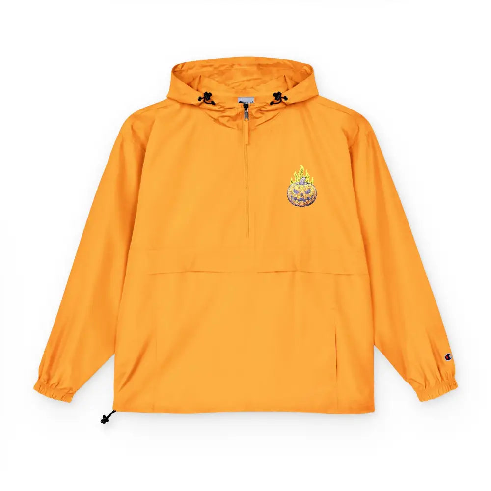 Orange champion packable anorak jacket with flaming pumpkin graphic for Halloween streetwear