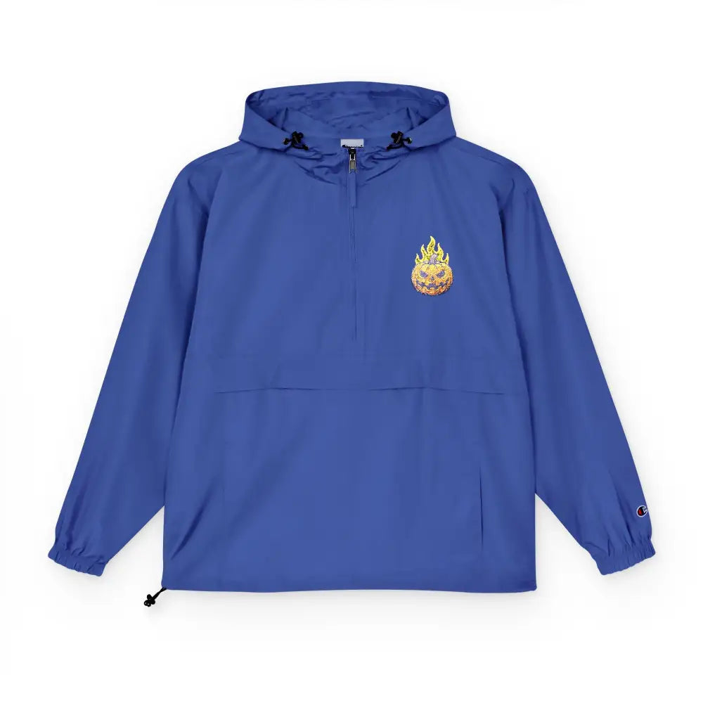 Blue Champion Packable Anorak Jacket with Flaming Pumpkin Skull Graphic for Streetwear
