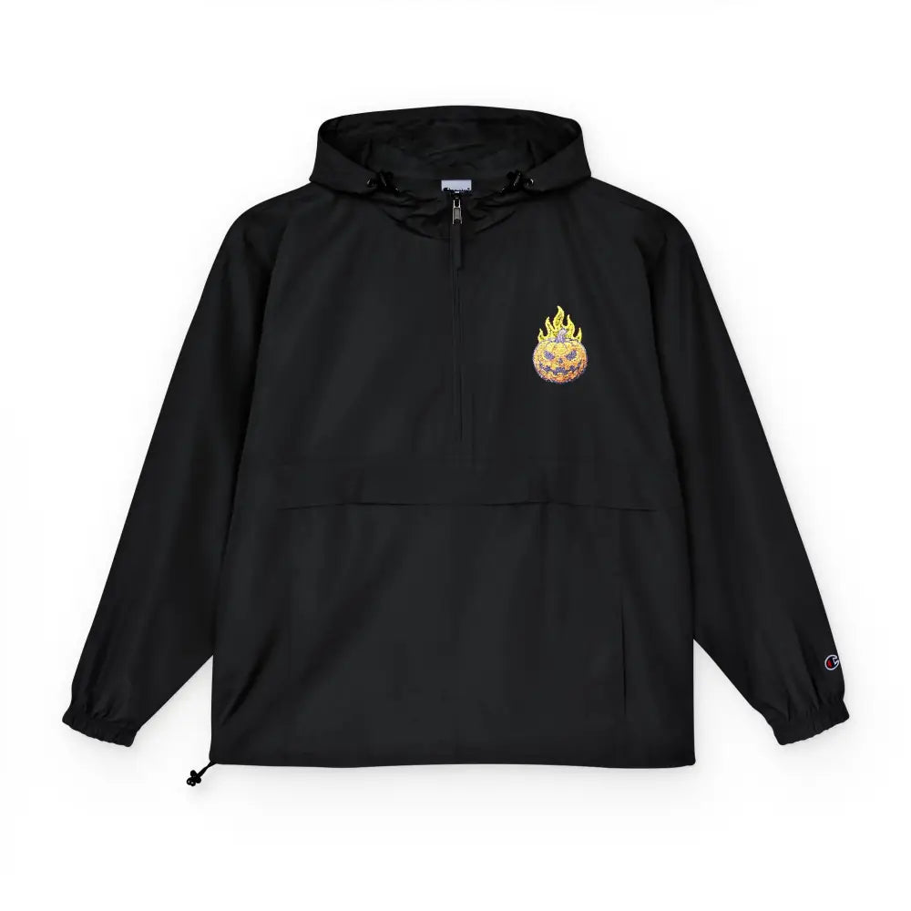 Black Champion Packable Anorak with flaming pumpkin flame graphic and Champion logo