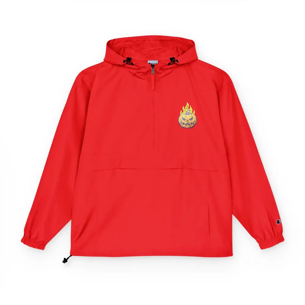 Red Champion Packable Anorak Jacket with flaming pumpkin skull emblem and hood