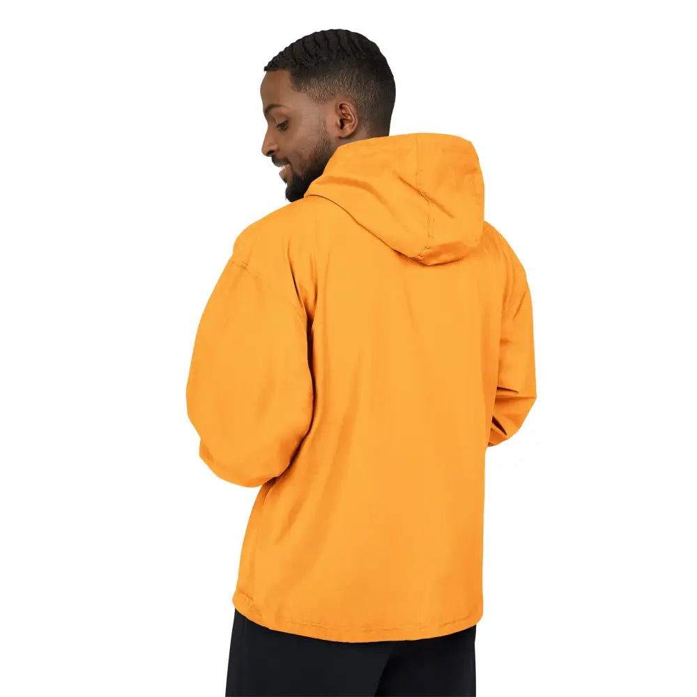 Men’s mustard yellow champion packable anorak jacket with black pants, flaming pumpkin design