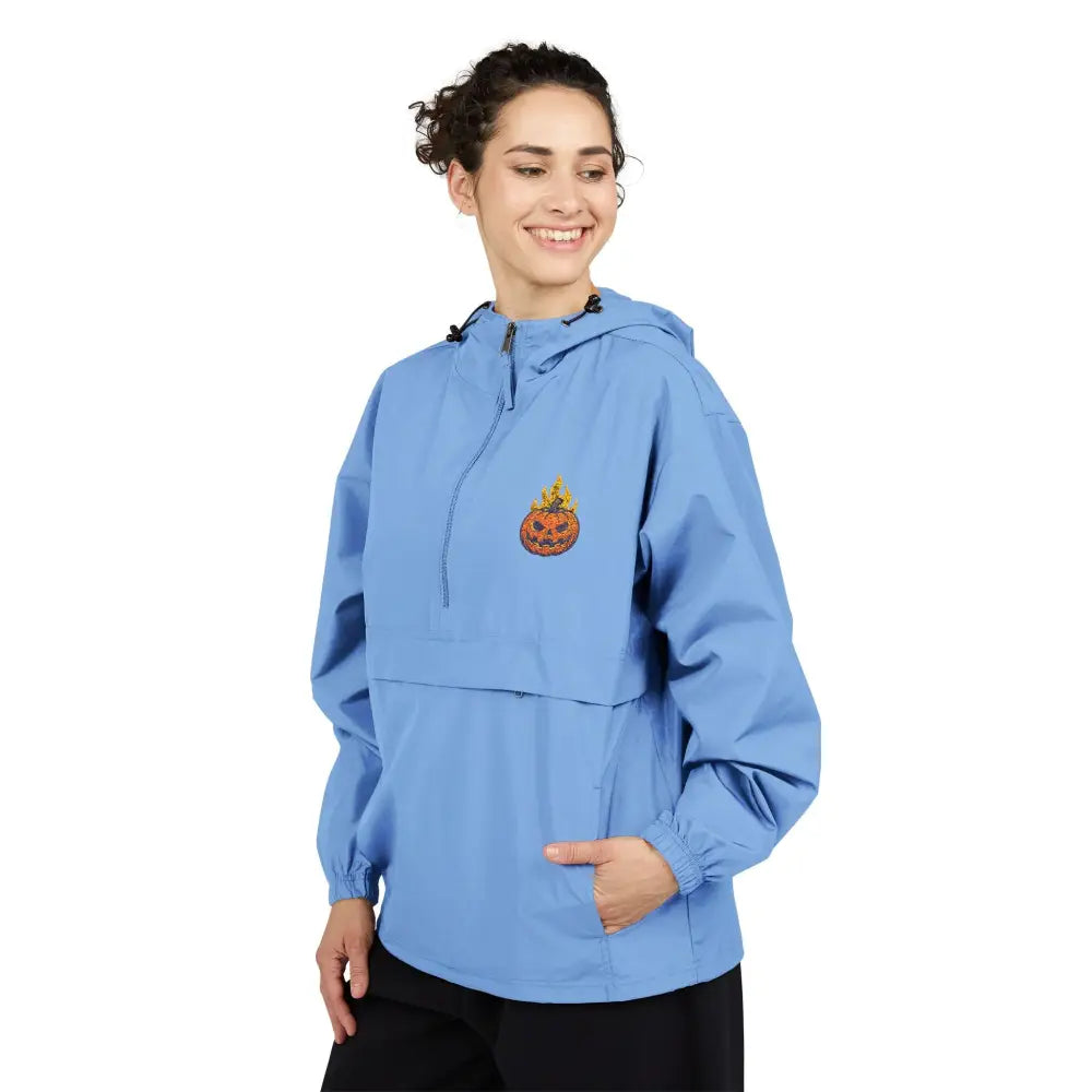 Light blue Champion Packable Anorak Jacket with flaming pumpkin Halloween design