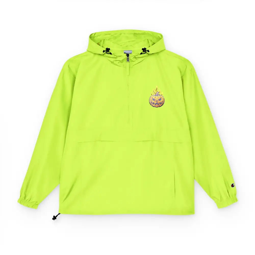 Lime green Champion Packable Anorak Jacket with flaming pumpkin Halloween graphic