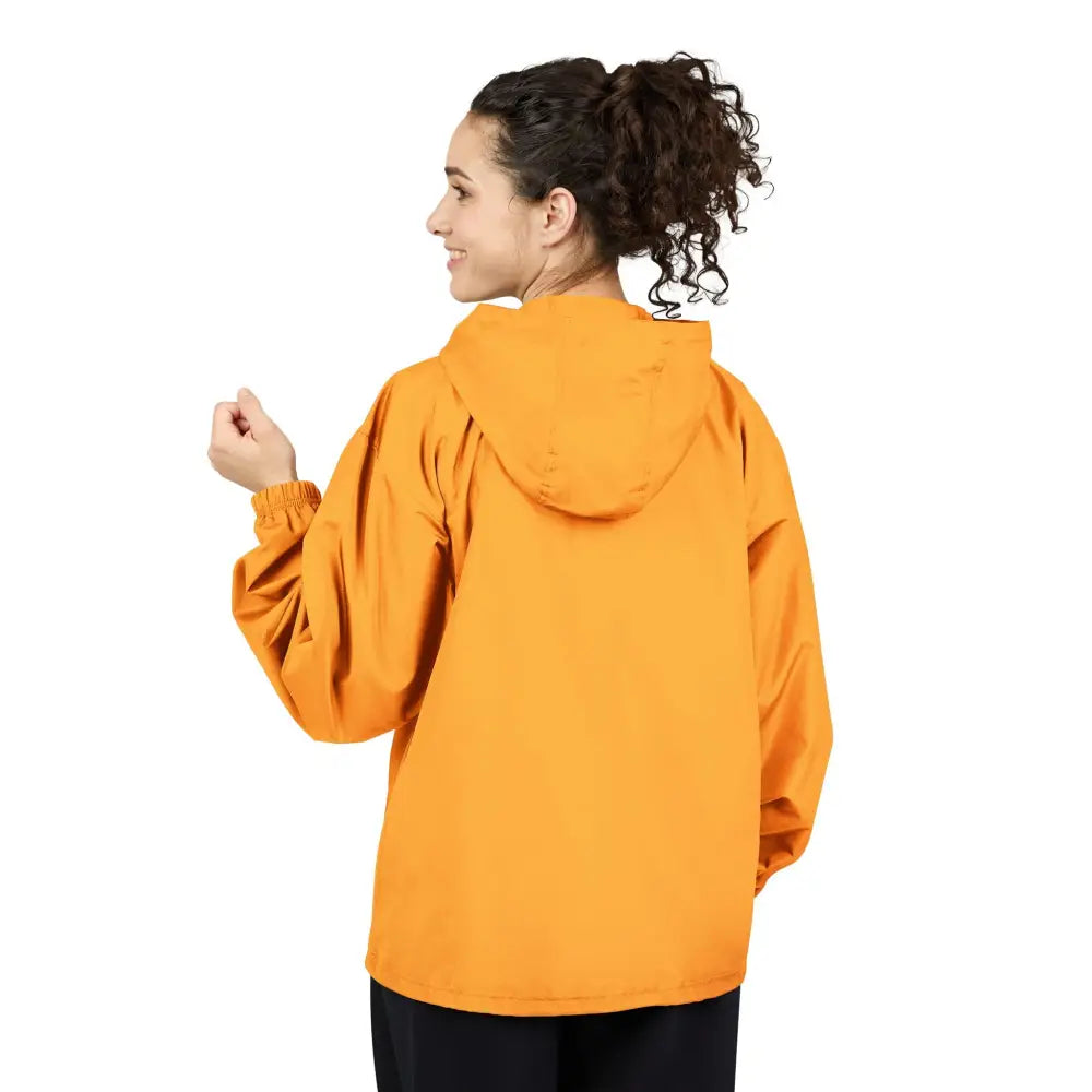 Mustard yellow Champion Packable Anorak jacket with flaming pumpkin design and relaxed fit