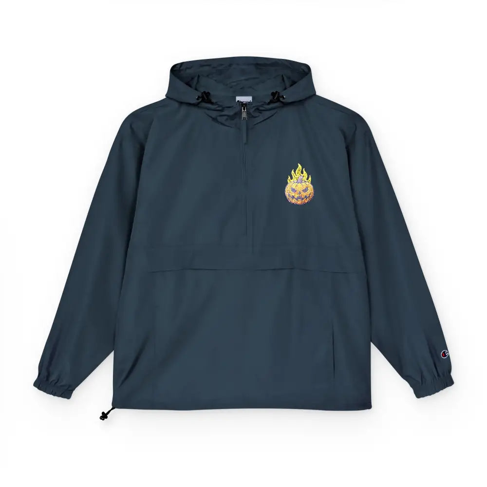 Dark blue Champion Packable Anorak Jacket with flaming pumpkin skull graphic for streetwear