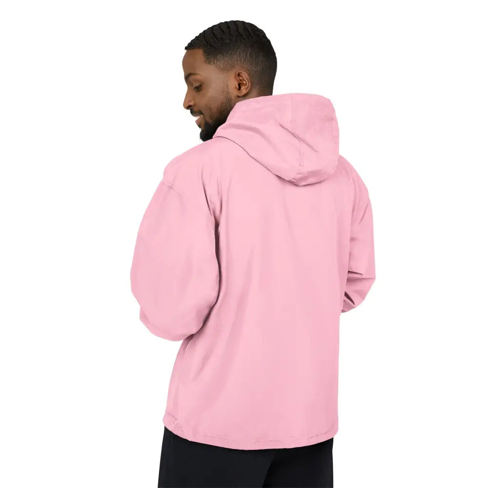 Men’s light pink champion packable anorak hoodie featuring flaming pumpkin design