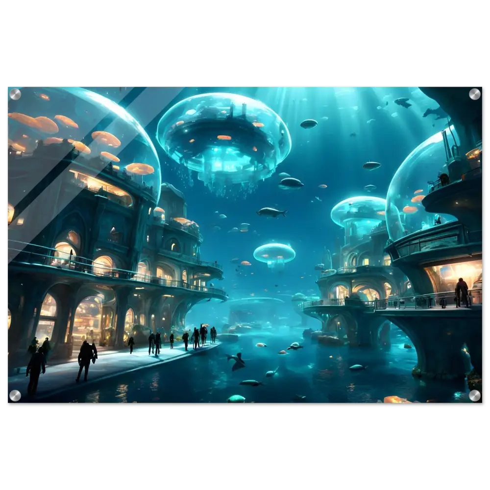 Underwater City with Jellyfish Domes Acrylic Print for Tranquil Capsuleverse Wall Display