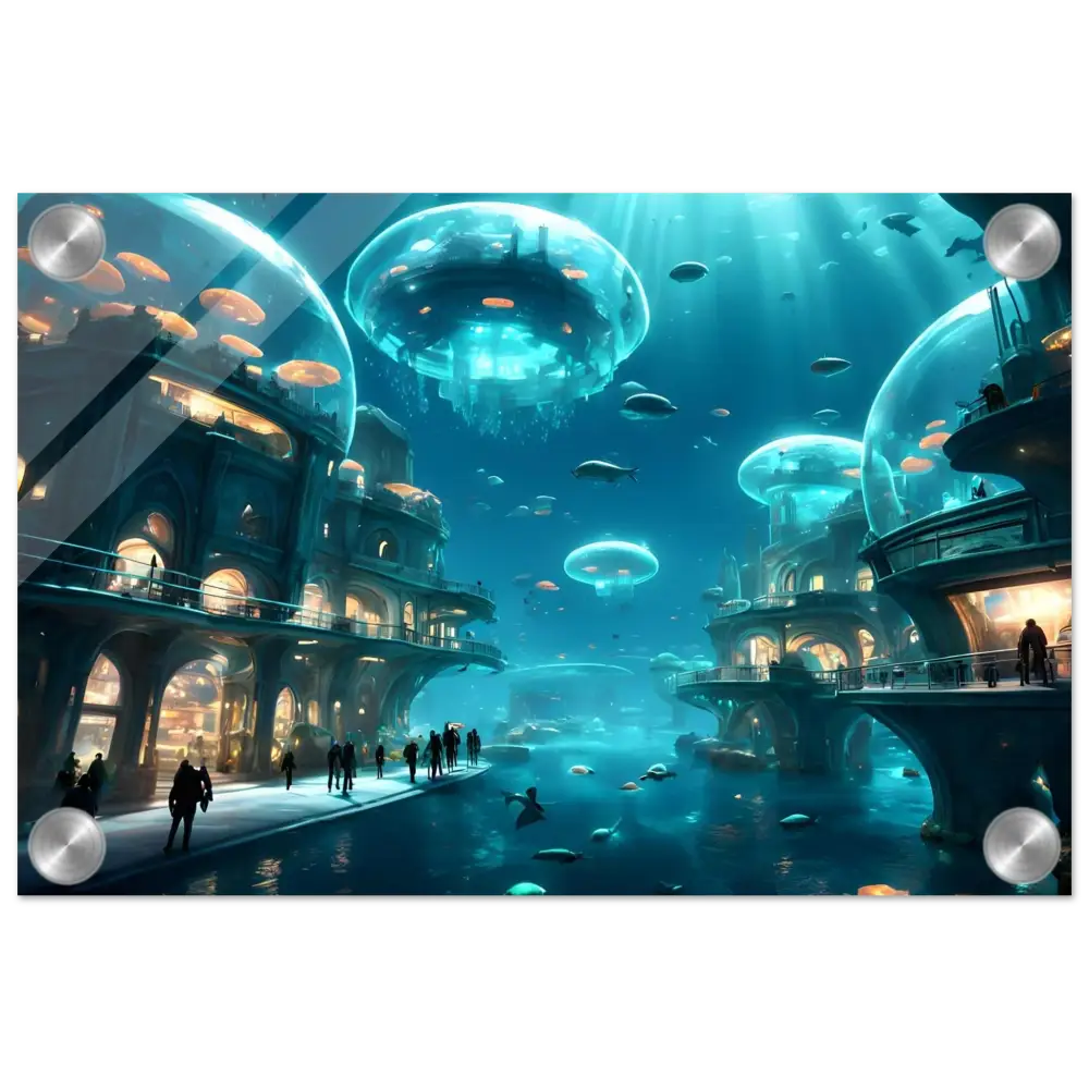 Underwater city with Jellyfish Domes on Tranquil Capsuleverse Acrylic Print by PixiOnyx