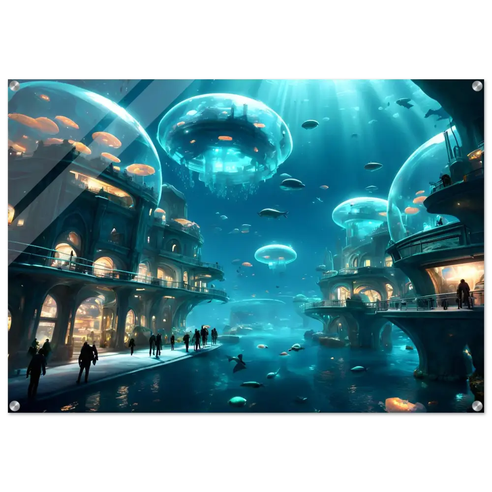 Underwater city with jellyfish domes on City of the Abyss Acrylic Print by PixiOnyx