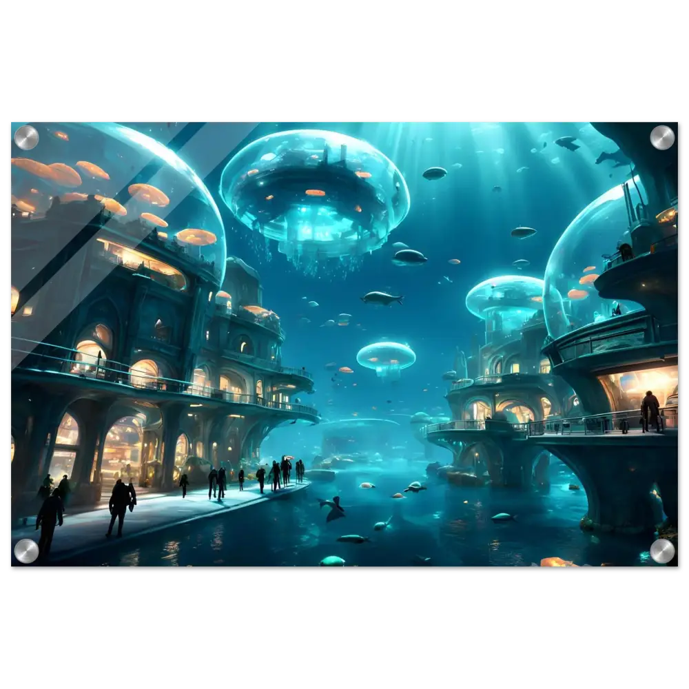 Underwater city with jellyfish-like structures on Tranquil Capsuleverse Acrylic Print by PixiOnyx